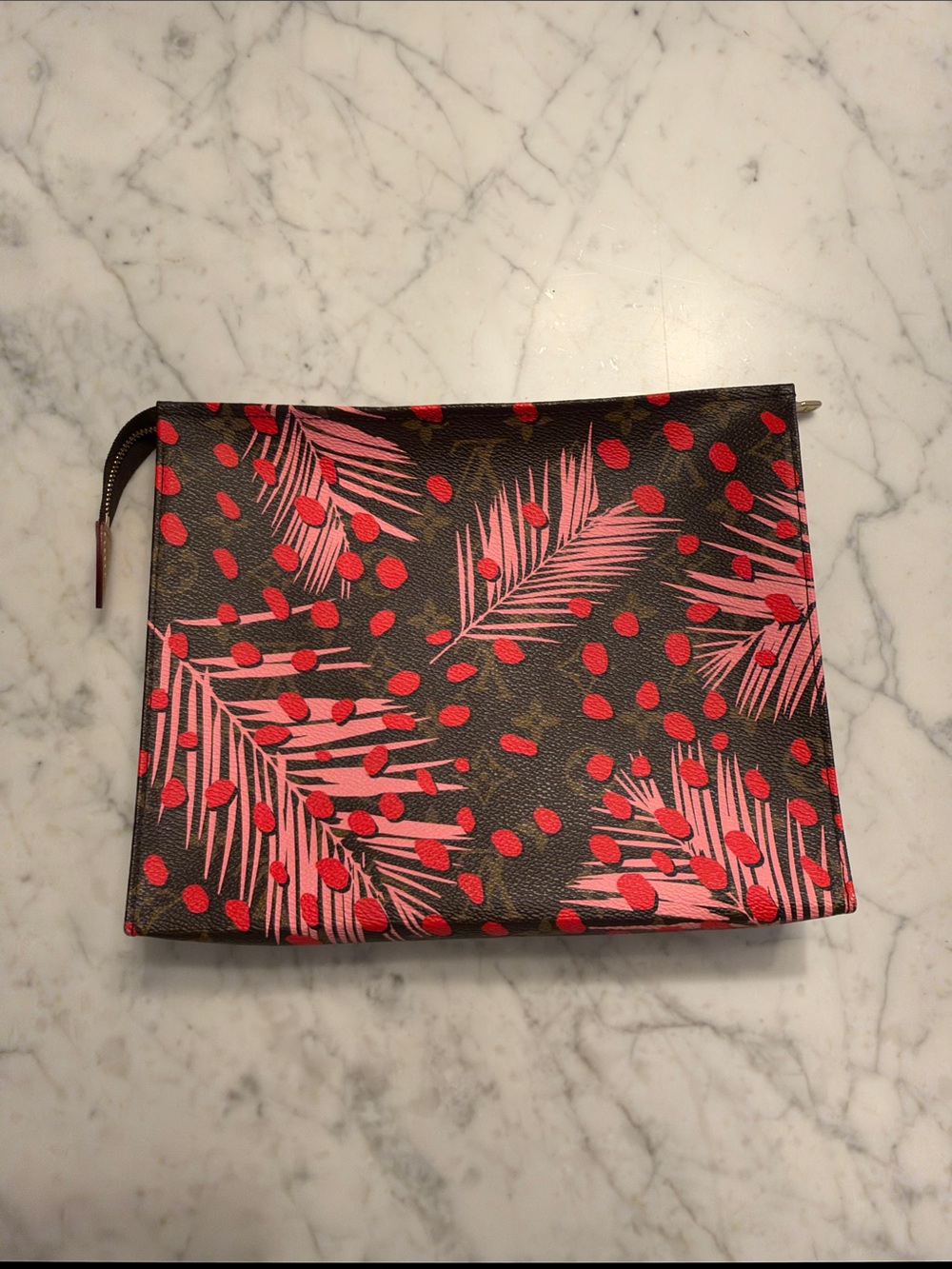 Louis Vuitton Brown Cosmetic Pouch with Pink & Red Tropical Print